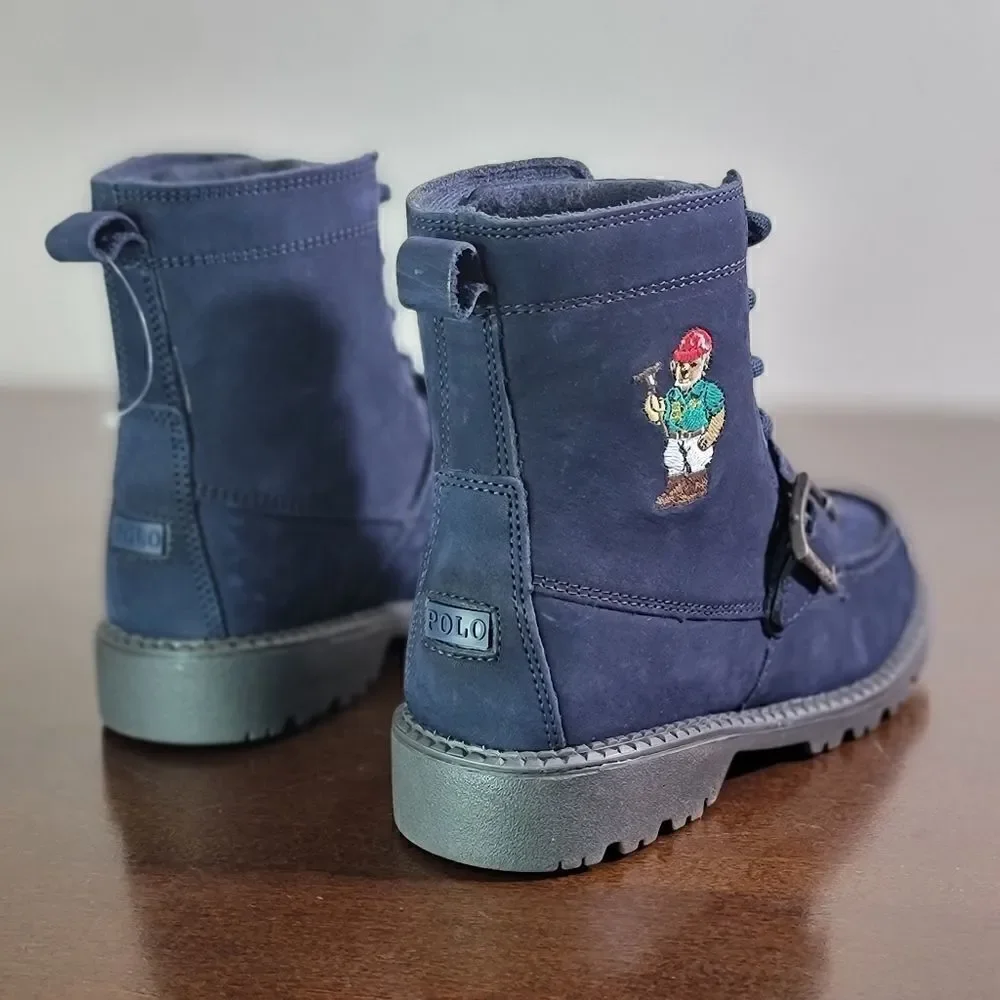 Polo Ralph Lauren Bear Ranger Leather Boots Navy Blue Black Youth Size 2 New